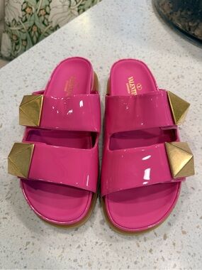 Valentino Hot Pink Patent Slide Sandals with Gold Pyramid Studs
